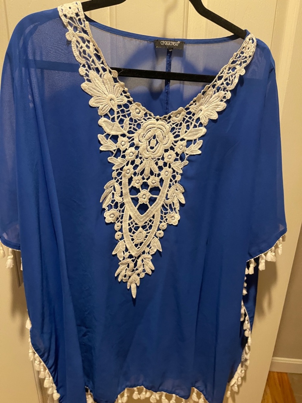 Blue Crochet-Trim Swim Coverup with Tassel Hem